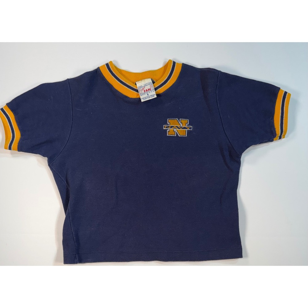 Vintage Lil Fan Kids Navy Blue US Naval Academy Ringer T-Shirt Size 4 USA Made